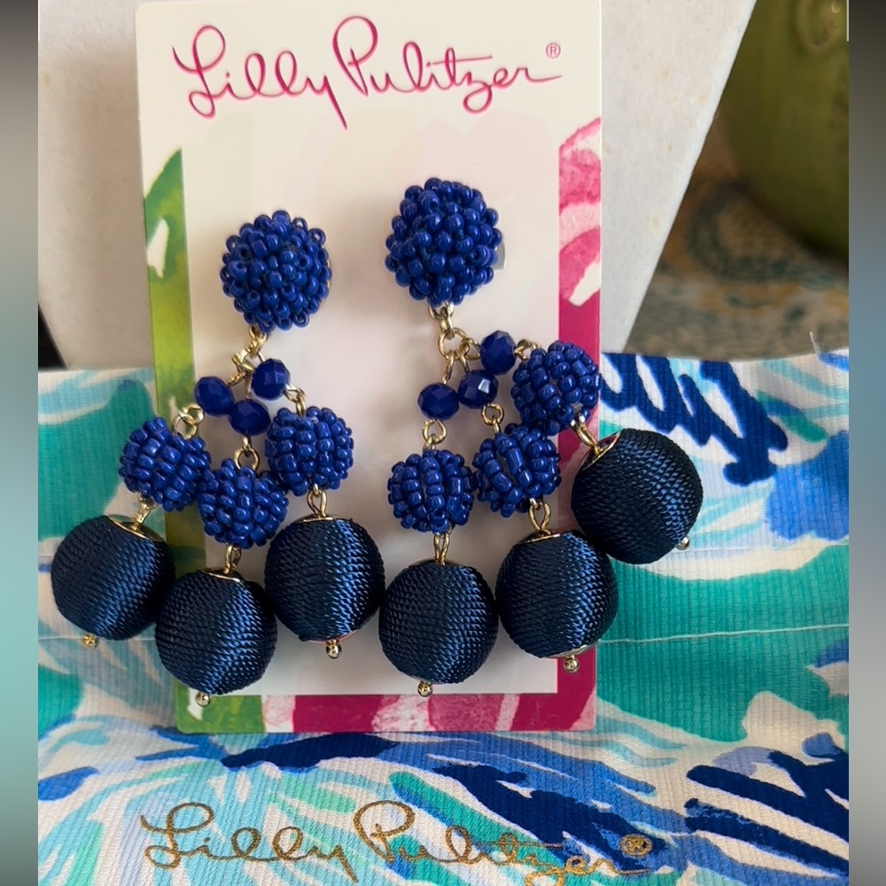 LILLY‎ PULITZER SALSA COPA CLIP GOLD TONE BRIGHT NAVY BLUE EARRINGS NWT